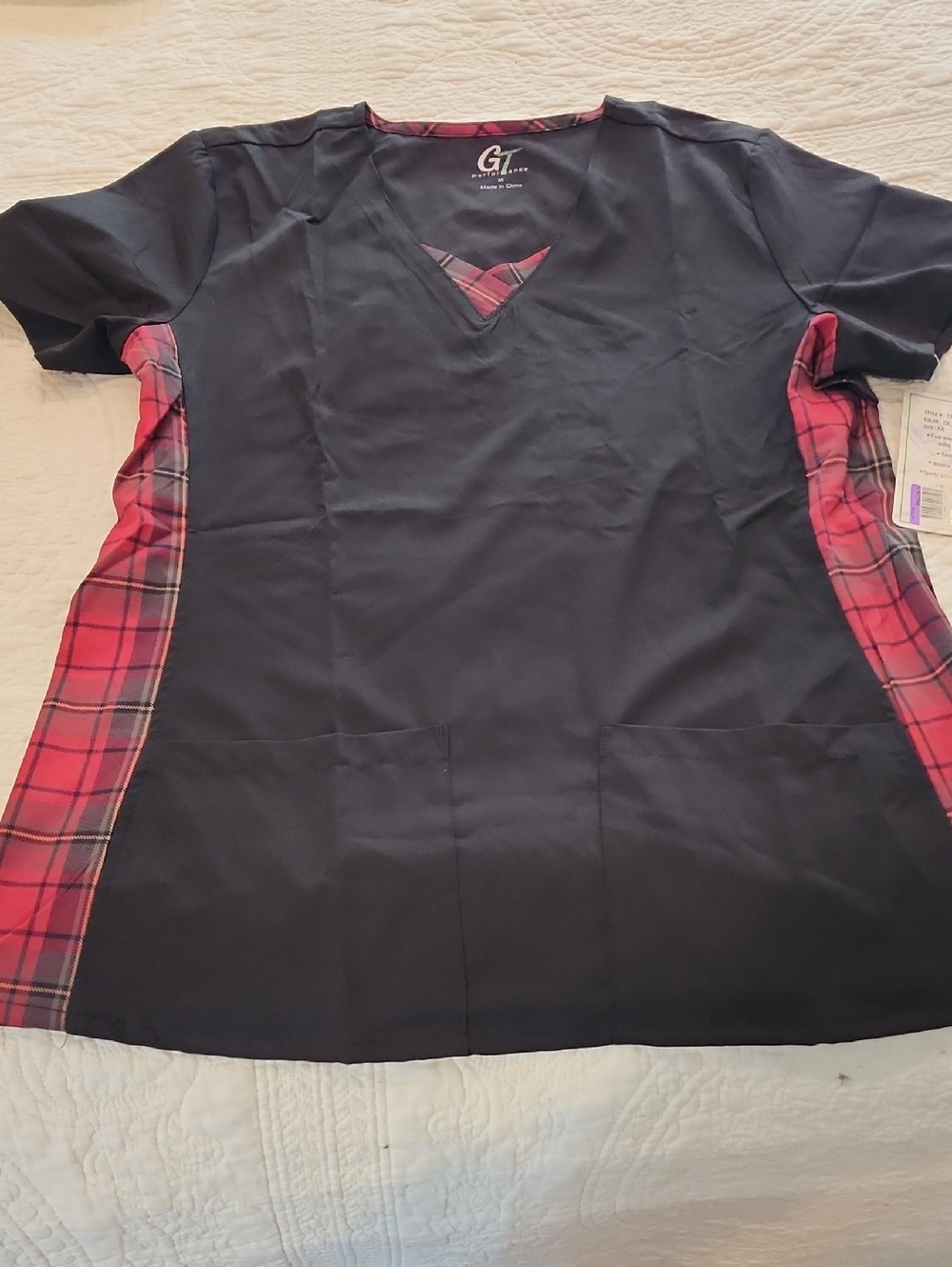 GT Performance Black Scrub Top with Plaid Trim